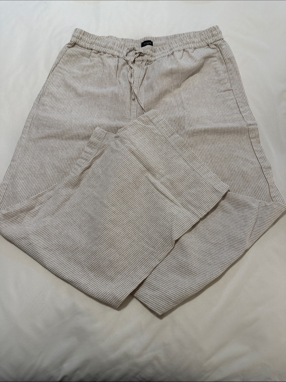 J. Crew Beige & White Striped Wide Leg Linen-Blend Pants